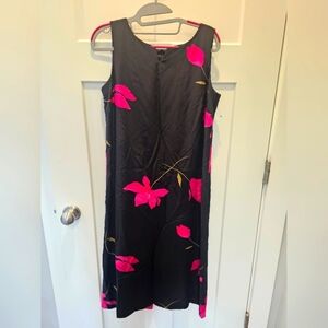 Coldwater Creek 100% Silk Black Floral Sleeveless Dress Size 6 Midi Lined